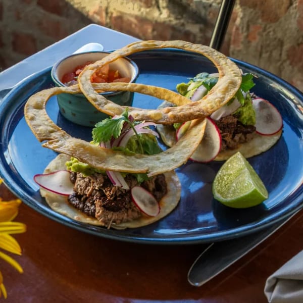 Two tacos with meat, guacamole, radishes, and cilantro, served with salsa and lime on a blue plate.