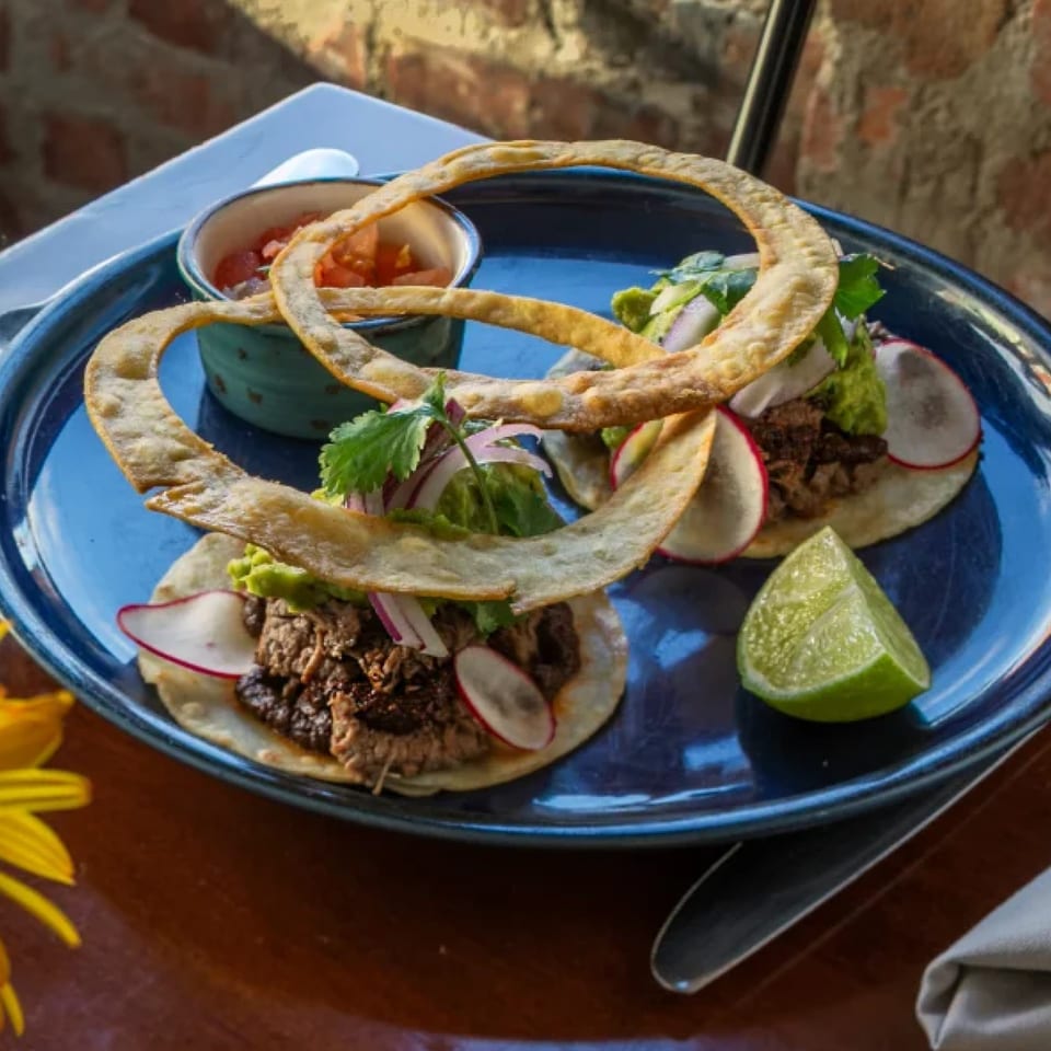 Two tacos with meat, guacamole, radishes, and cilantro, served with salsa and lime on a blue plate.