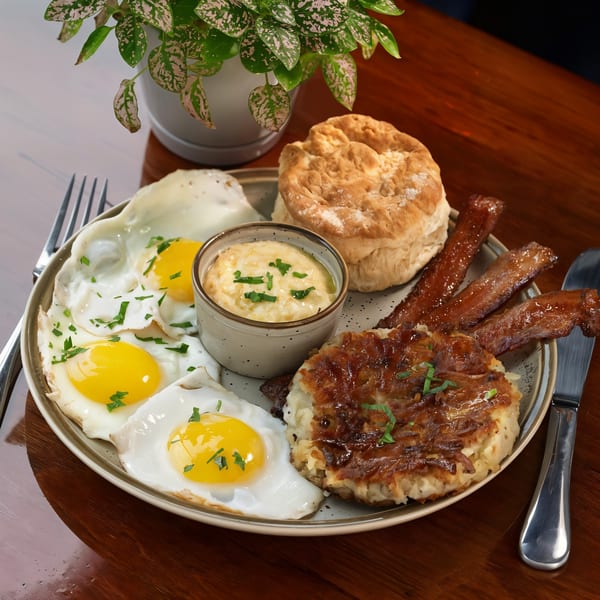 Alyce cafe breakfast plate with fried eggs, bacon, hash browns, biscuit, and grits.