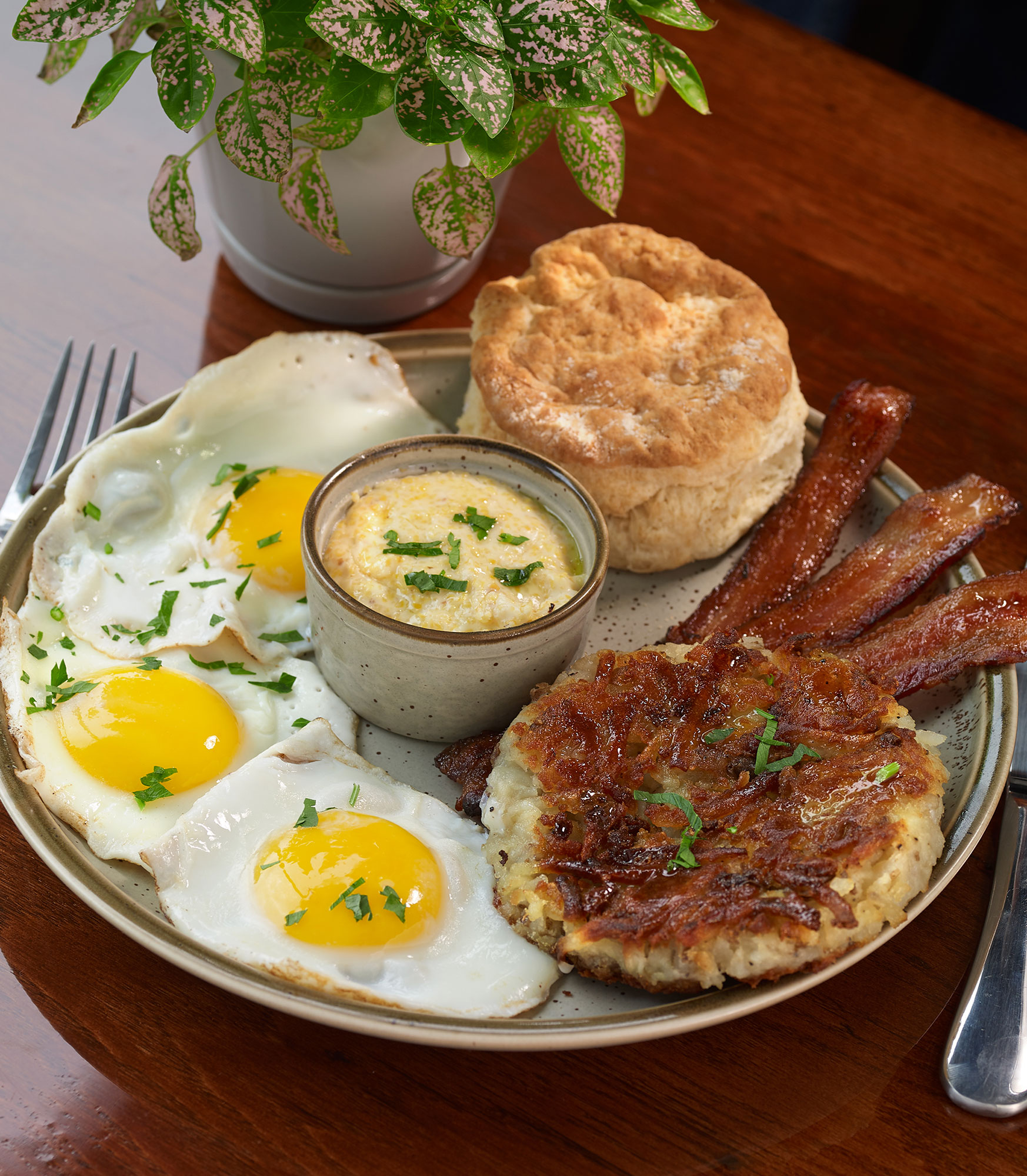 Cafe Alyce Country Boy with Eggs, Bacon, Grits and Bread